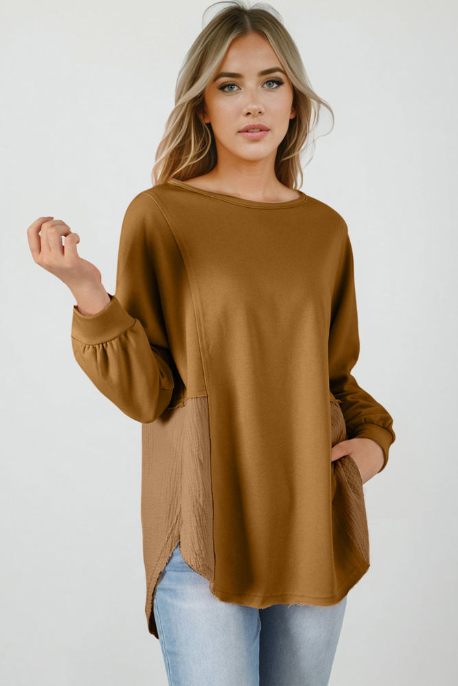 Dahlia Crinkle Splicing Raw Hem High Low Oversized Blouse