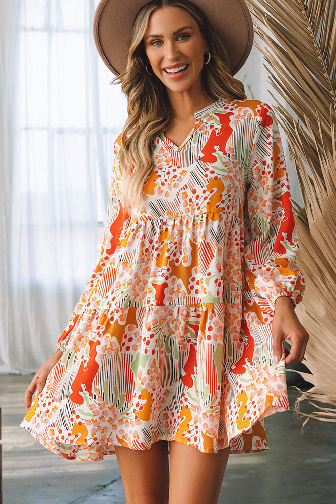 Daniella Split Neck Puff Sleeve Flowy Printed Dress