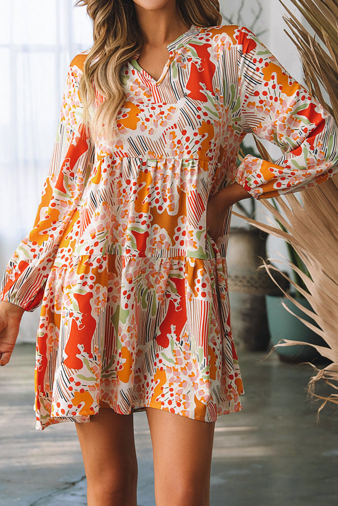 Daniella Split Neck Puff Sleeve Flowy Printed Dress