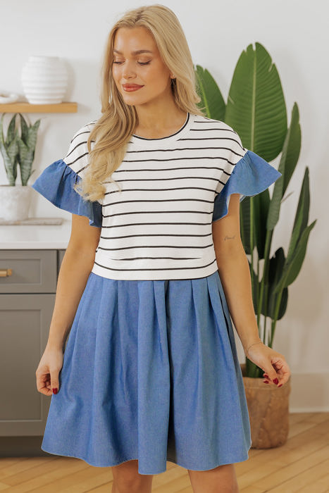 Danna Stripe Ruffle Denim Dress