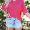 Pink Large Delilah Textured Knit Split Neck Cuffed Short Sleeve Top