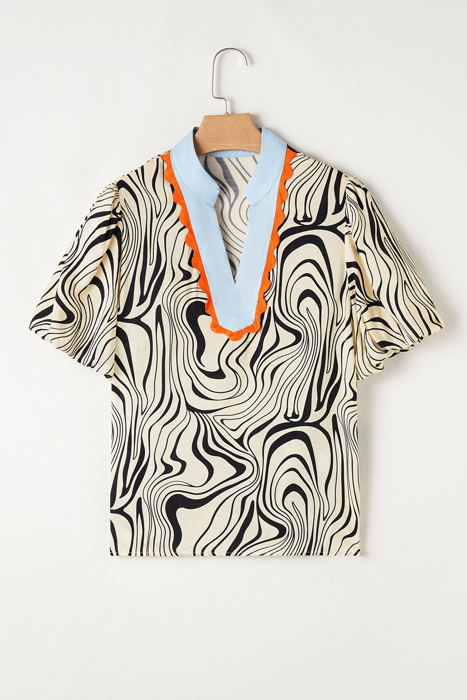 Delilah Zebra Stripe V-Neck Short Sleeve Blouse