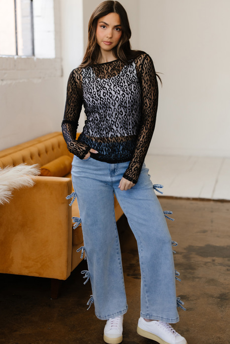 Denver Pattern Sheer Mesh Long Sleeve Top