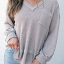 Gray Large Eden Raw Edge Detail Waffle Knit V Neck Top