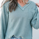 Blue Large Eden Raw Edge Detail Waffle Knit V Neck Top