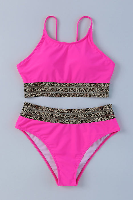 Edith Leopard Mesh Trim 2pcs Bikini Swimsuit