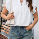 White Large Eileen Ruffle Accent Flutter Sleeve Notch Neck Top