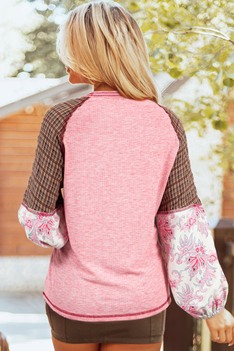 Elena Raglan Sleeve Ribbed Knit Patchwork Blouse