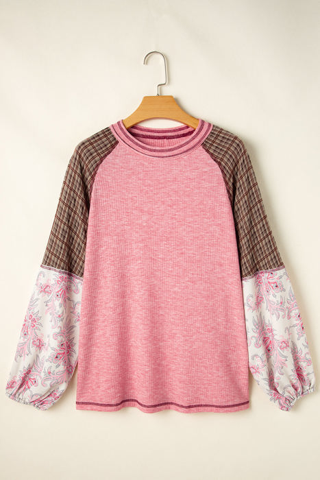 Elena Raglan Sleeve Ribbed Knit Patchwork Blouse