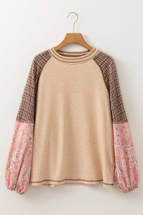 Elena Raglan Sleeve Ribbed Knit Patchwork Blouse