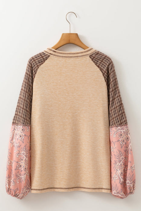 Elena Raglan Sleeve Ribbed Knit Patchwork Blouse