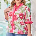  Elise Plus Size Floral Frilled Stripes Blouse