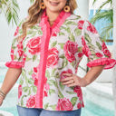  Elise Plus Size Floral Frilled Stripes Blouse