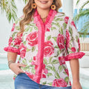  Elise Plus Size Floral Frilled Stripes Blouse