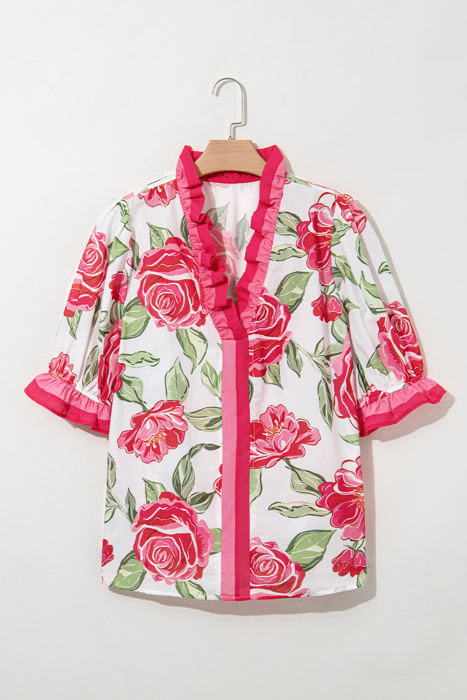 Elise Plus Size Floral Frilled Stripes Blouse