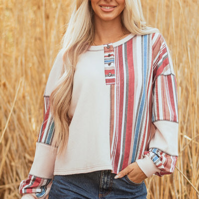 Elizabeth Striped Waffle Exposed Seam Casual Knit Top