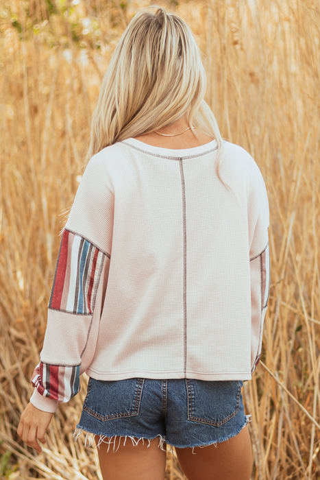 Elizabeth Striped Waffle Exposed Seam Casual Knit Top
