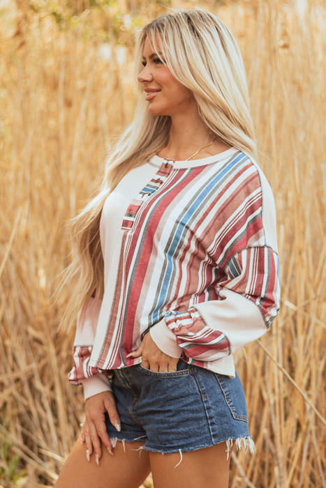 Elizabeth Striped Waffle Exposed Seam Casual Knit Top