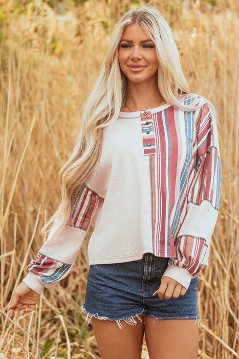 Elizabeth Striped Waffle Exposed Seam Casual Knit Top