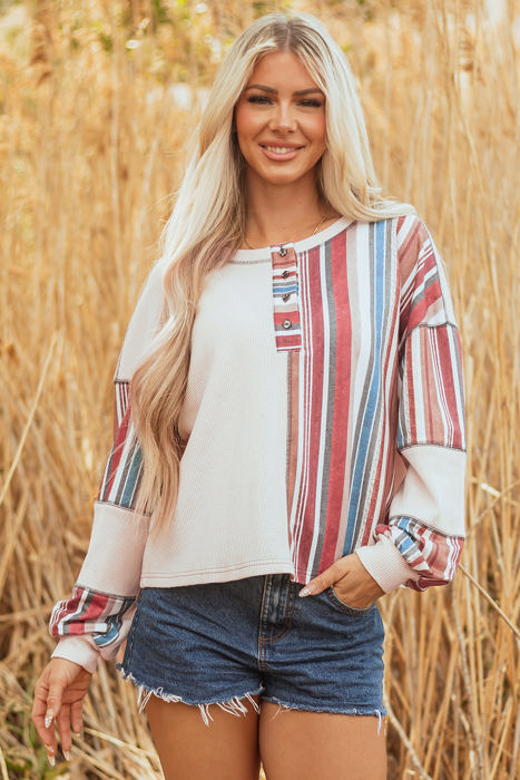 Elizabeth Striped Waffle Exposed Seam Casual Knit Top