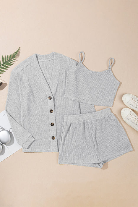 Ella 3 Pieces Rib Crop Camisole Set with Cardigan