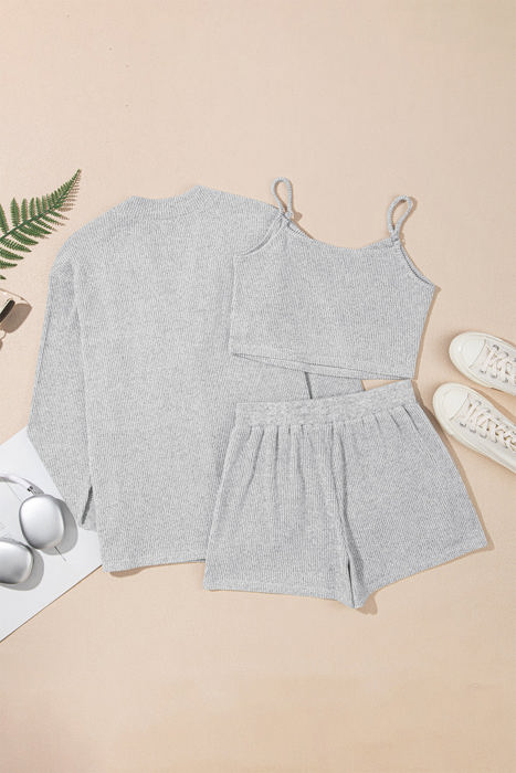 Ella 3 Pieces Rib Crop Camisole Set with Cardigan