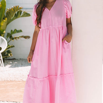 Ella Stripe V Neck Puff Short Sleeve Maxi Dress