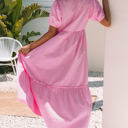  Ella Stripe V Neck Puff Short Sleeve Maxi Dress