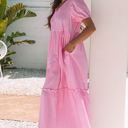  Ella Stripe V Neck Puff Short Sleeve Maxi Dress