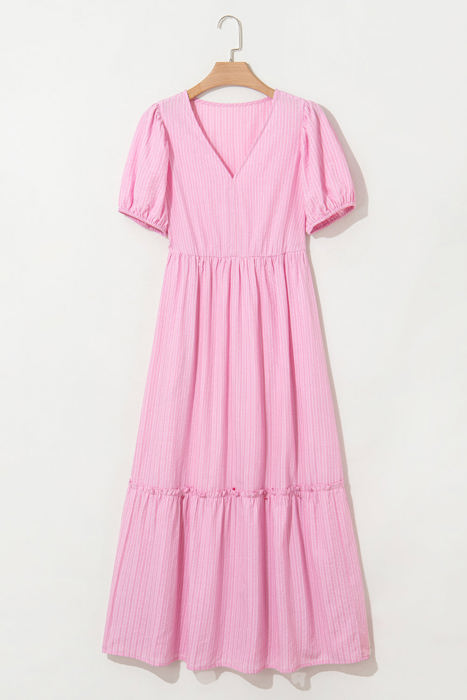 Ella Stripe V Neck Puff Short Sleeve Maxi Dress