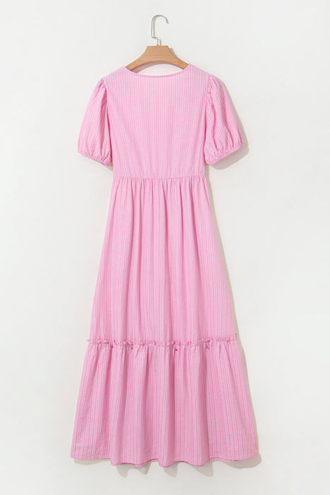 Ella Stripe V Neck Puff Short Sleeve Maxi Dress