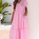 Pink Stripe XL Ella Stripe V Neck Puff Short Sleeve Maxi Dress
