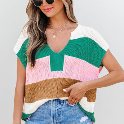 Elliot Color Block Notch V Neck Sweater Top