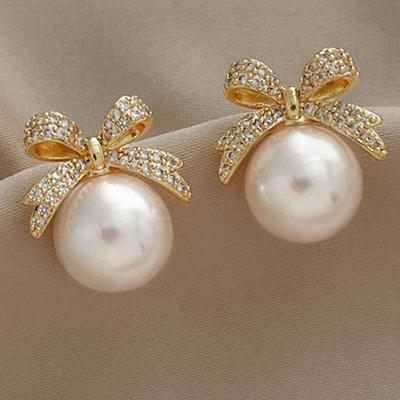 Ellis Rhinestone Bowknot Pearl Earrings
