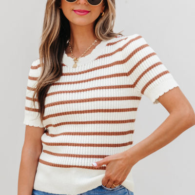 Eloise Stripe Scalloped Round Neck Short Sleeve Sweater