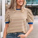 Brown Stripe Large Elora Sleeve Contrast Trim Tee
