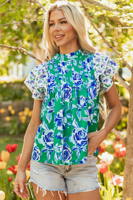 Elsa Floral Lace Trim Ruffle Sleeve Pleated Loose Blouse