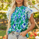  Elsa Floral Lace Trim Ruffle Sleeve Pleated Loose Blouse