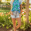  Elsa Floral Lace Trim Ruffle Sleeve Pleated Loose Blouse