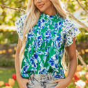 Green XL Elsa Floral Lace Trim Ruffle Sleeve Pleated Loose Blouse