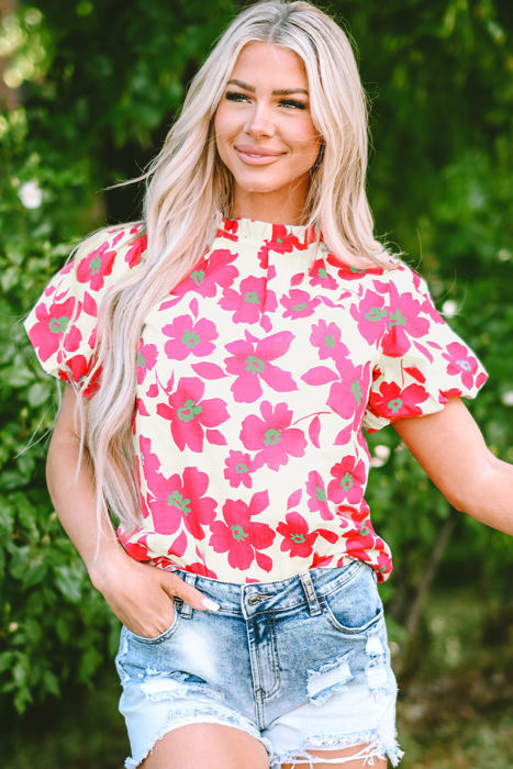 Elyse Floral Puff Sleeve Frilled Neckline Blouse