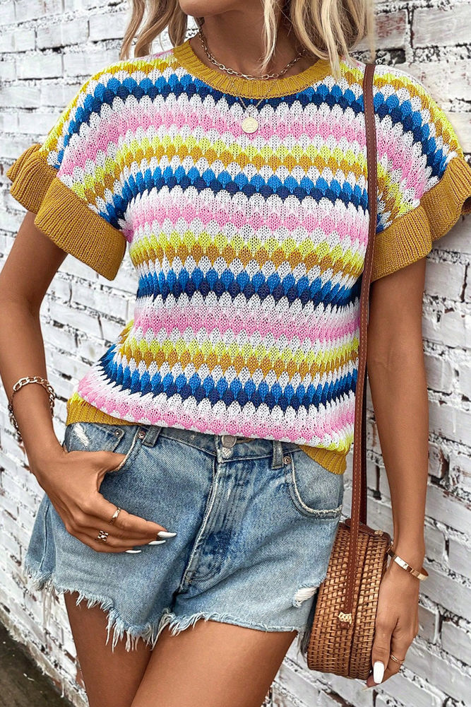 Emely Ruffle Sleeve Colorful Textured Sweater