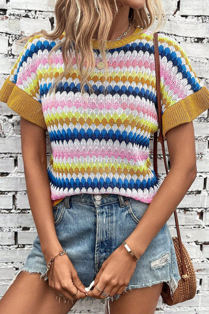 Emely Ruffle Sleeve Colorful Textured Sweater