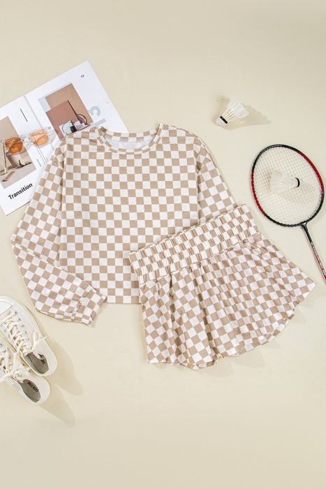 Emily Checkered Long Sleeve High Waist Skort 2pcs Set