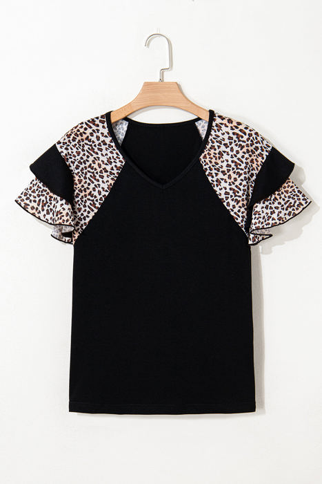Emryn Leopard Ruffled Sleeve V Neck Top
