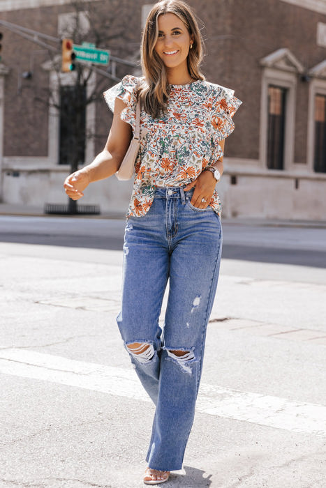 Erin Floral Shirred Ruffle Sleeve Blouse