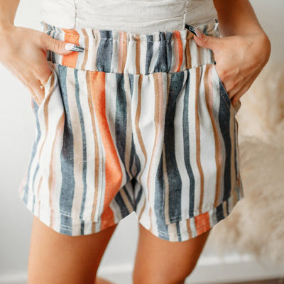 Estella Stripe Vintage Washed Elastic Frill Waist Casual Shorts
