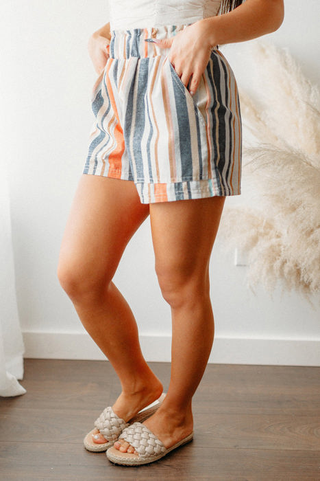 Estella Stripe Vintage Washed Elastic Frill Waist Casual Shorts