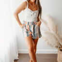  Estella Stripe Vintage Washed Elastic Frill Waist Casual Shorts