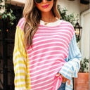  Esther Striped Patchwork Dolman Sleeve Slit Sweater